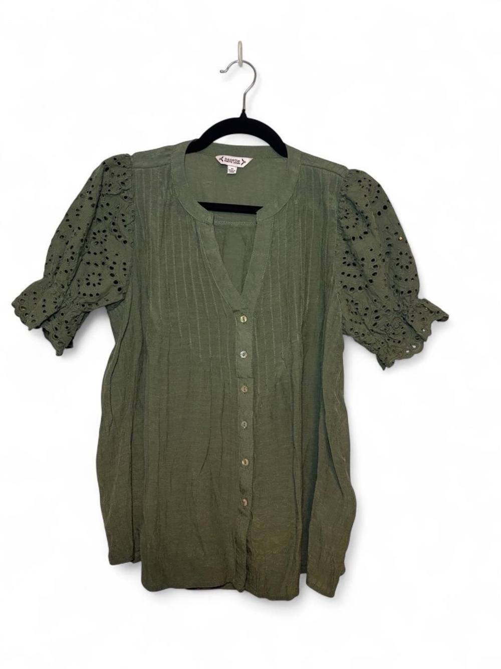 Nanette Lepore Olive Green Eyelet Puff Sleeve Button-Down Top